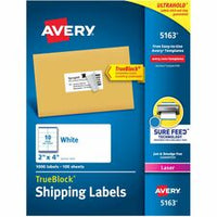 Avery¨ TrueBlock¨ Shipping Labels, Sure Feed¨ Technology, Permanent Adhesive, 2" x 4" , 1,000 Labels (5163)