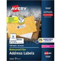 Avery¨ 1" x 2-5/8" Labels, Ultrahold, 1,500 Labels (5520)