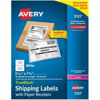 Avery¨ Shipping Labels w/ Paper Receipts, TrueBlock¨ Technology, Permanent Adhesive, 5-1/16" x 7-5/8" , 50 Labels (5127)