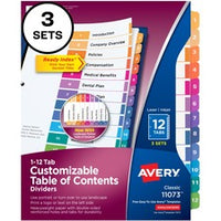 Avery¨ Customizable Table of Contents Dividers, Ready Index(R) Printable Section Titles, Preprinted 1-12 Multicolor Tabs, 3 Sets (11073)