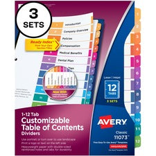 Avery¨ Customizable Table of Contents Dividers, Ready Index(R) Printable Section Titles, Preprinted 1-12 Multicolor Tabs, 3 Sets (11073)