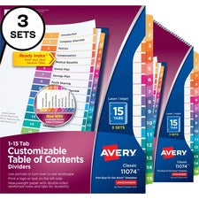 Avery¨ Customizable Table of Contents Dividers, Ready Index(R) Printable Section Titles, Preprinted 1-15 Multicolor Tabs, 3 Sets (11074)