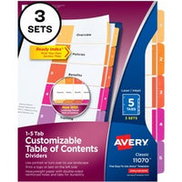 Avery¨ Customizable Table of Contents Dividers, Ready Index(R) Printable Section Titles, Preprinted 1-5 Multicolor Tabs, 3 Sets (11070)