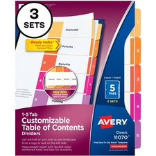 Avery¨ Customizable Table of Contents Dividers, Ready Index(R) Printable Section Titles, Preprinted 1-5 Multicolor Tabs, 3 Sets (11070)