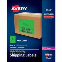 Avery¨ Neon Shipping Labels for Laser Printers, 8-1/2" x 11" , 100 Neon Green Labels (5940)