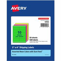 Avery¨ 2"x 4" Neon Shipping Labels with Sure Feed¨for Laser Printers, Assorted: Green, Pink, Yellow Labels, 500 Neon Labels (5956)