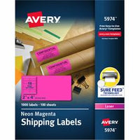 Avery¨ 2"x 4" Neon Shipping Labels with Sure Feed¨, neon Pink labels for Laser Printers, 1,000 Neon Labels (5974)