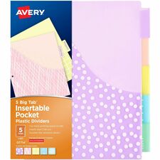 Avery¨ Big Tabª Dividers for 3 Ring Binders, 5-Tab Set, Plastic Binder Dividers with Pockets, Insertable Big Tabs, Pastel Classic Designs, Works With Sheet Protectors, 1 Set (07714)