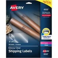 Avery¨ Glossy Clear Shipping Labels, Sure Feed¨ Technology, Laser/Inkjet, 2" x 4" , 100 Labels (6522)