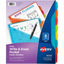 Avery¨ Write & Erase 8-Tab Plastic Dividers, Pockets, Brights (16103)