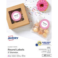 Avery¨ Glossy White Labels, 3" Round, 60 Labels (22891)