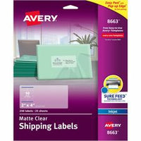 Avery¨ Matte Clear Shipping Labels, Sure Feed¨ Technology, Inkjet, 2" x 4" , 250 Labels (8663)