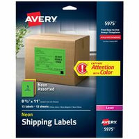 Avery¨ Neon Shipping Labels for Laser Printers, Assorted: Green, Pink, Yellow Labels, 8-1/2" x 11" , 15 Neon Labels (5975)