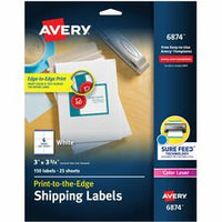 Avery¨ Shipping Labels with Sure Feed¨ for Color Laser Printers, Print-to-the-Edge, 3" x 3-3/4" , 150 White Labels (6874)